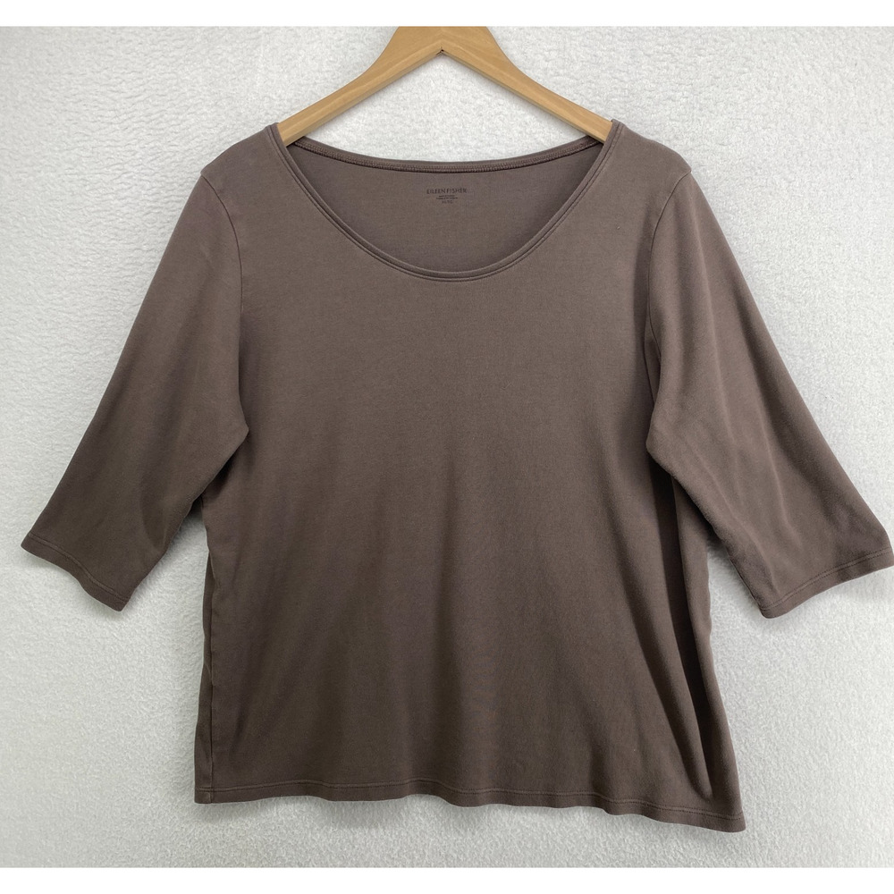 EILEEN FISHER Top XL Organic Cotton Interlock Jersey Scoop Neck 3/4 Sleeve Brown